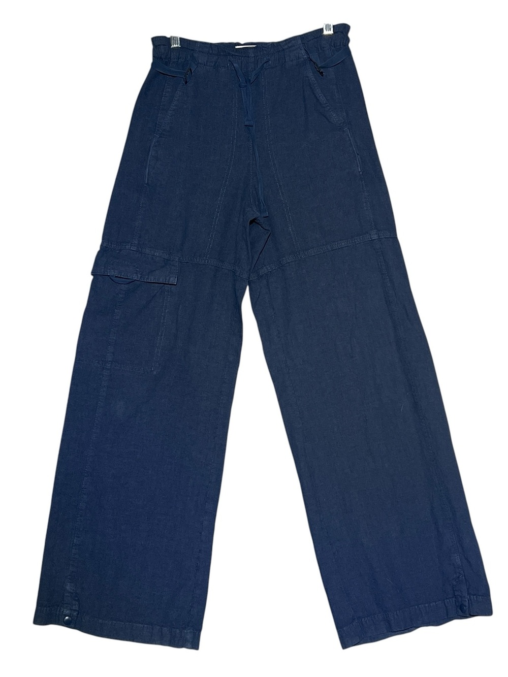 PILCRO Anthropologie Wide Leg Linen Cargo Pants Blue Cinch Waist XXS 30 Inseam - Picture 2 of 16